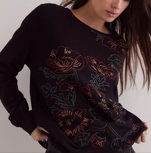 Free People XL We The People Black Praire Floral Long Sleeve Cotton Top